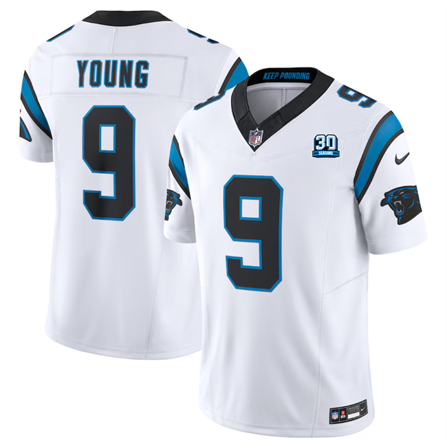 Men's Carolina Panthers #9 Bryce Young White 2024 30th Anniversary Patch F.U.S.E. Vapor Limited Football Stitched Jersey - Click Image to Close